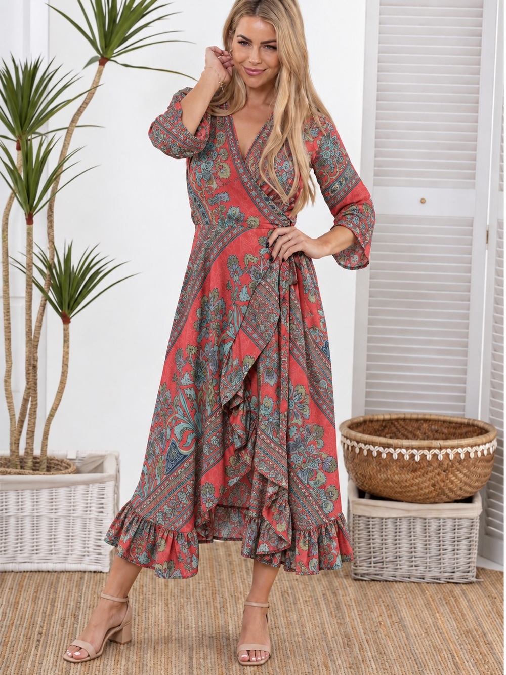 Floral Paisley Wrap Midi Dress - Pink & Gray